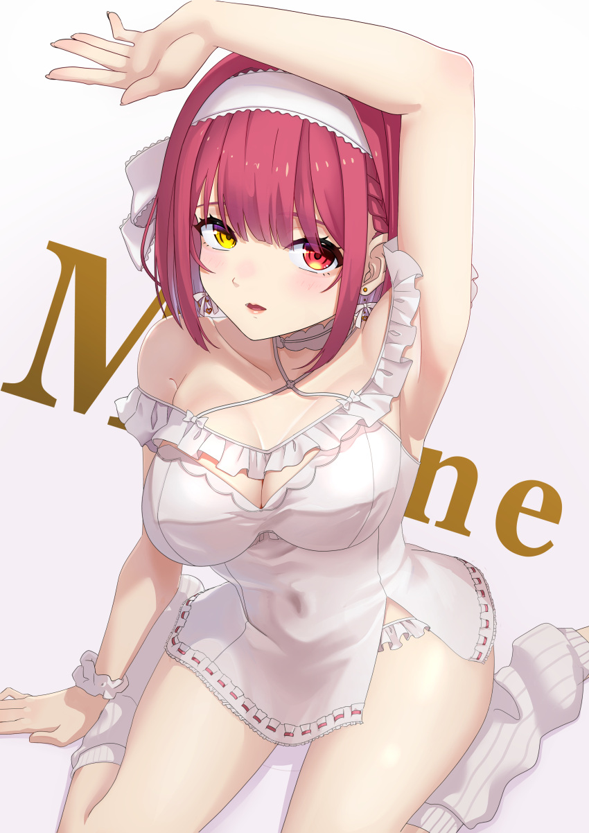 absurdres arm_above_head arm_up armpits bare_shoulders blush bow bow_earrings breasts character_name cleavage dress earrings female frilled_nightgown hair_between_eyes hand_on_floor hand_up heart heart_earrings heterochromia highres hololive houshou_marine houshou_marine_(8th_costume) jewelry large_breasts looking_at_viewer nightgown official_alternate_costume open_mouth paipukoron417 red_eyes red_hair ribbon_earrings short_hair simple_background sitting solo text_background thighs virtual_youtuber wariza white_dress white_nightgown yellow_eyes