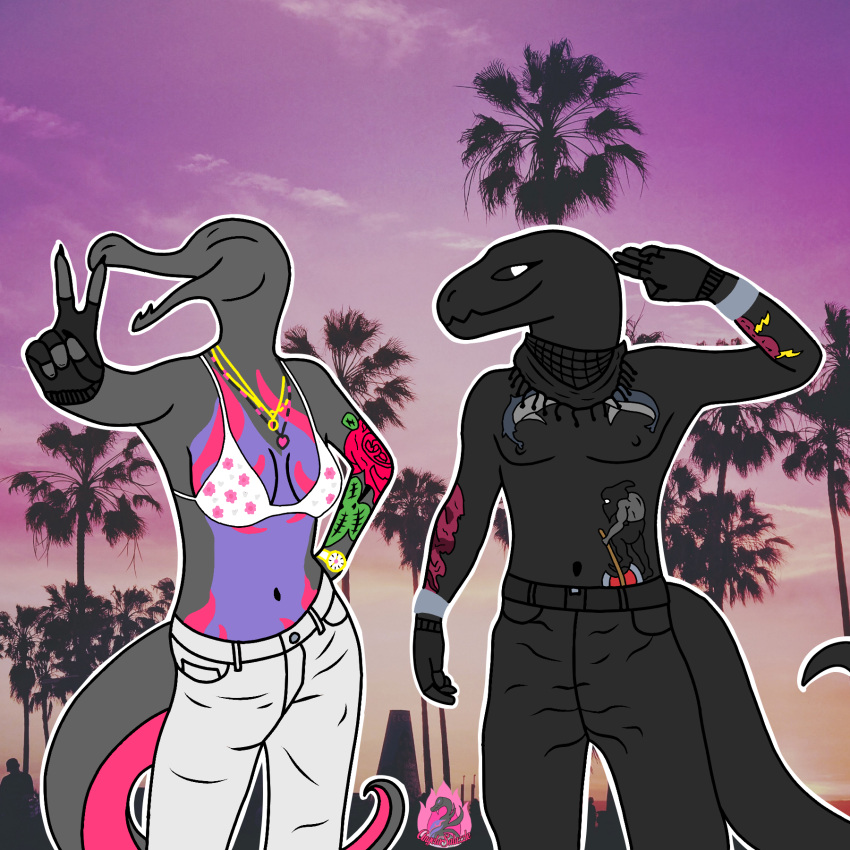 angelasalazzle anthro beach breasts clothing costume digital_media_(artwork) duo female generation_7_pokemon grand_theft_auto grand_theft_auto_v hi_res male nintendo pokemon pokemon_(species) pose reptile rockstar_games salazzle scalie slayer_(theslay) tail