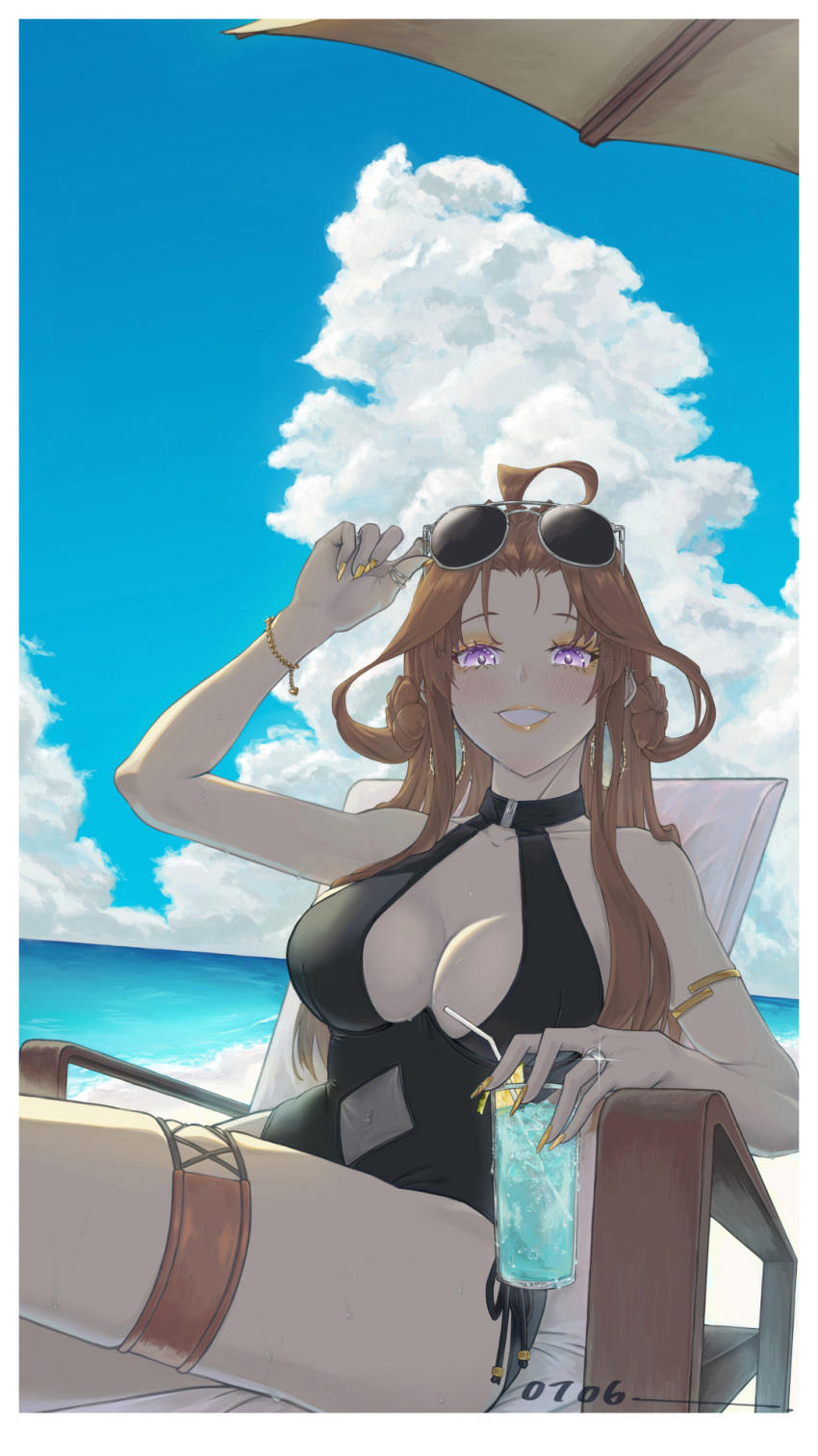 ahoge alternate_costume armlet beach black_one-piece_swimsuit blue_sky bracelet breasts brown_hair casual_one-piece_swimsuit cloud covered_navel cup diablo010059 double_bun drinking_glass eyewear_on_head female gold_nails hair_bun highres holding holding_cup jewelry kantai_collection kongou_(kancolle) large_breasts long_hair looking_at_viewer ocean one-piece_swimsuit ring sitting sky smile solo sunglasses swimsuit thigh_strap very_long_hair wedding_ring