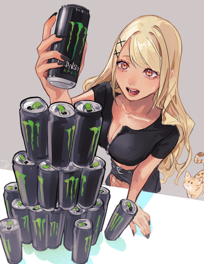 absurdres arm_support black_nails black_pants black_shirt blonde_hair breasts can can_stack cleavage collarbone crop_top feline female fishnets foreshortening from_above grey_background gyaru highres holding holding_can kaminari_qpi kaminari_qpi_(2nd_costume) long_hair monster_energy open_mouth orange_eyes pants shirt short_sleeves solo stacking sweatdrop table torn_clothes torn_pants virtual_youtuber vspo! zipper_top zoramaruta