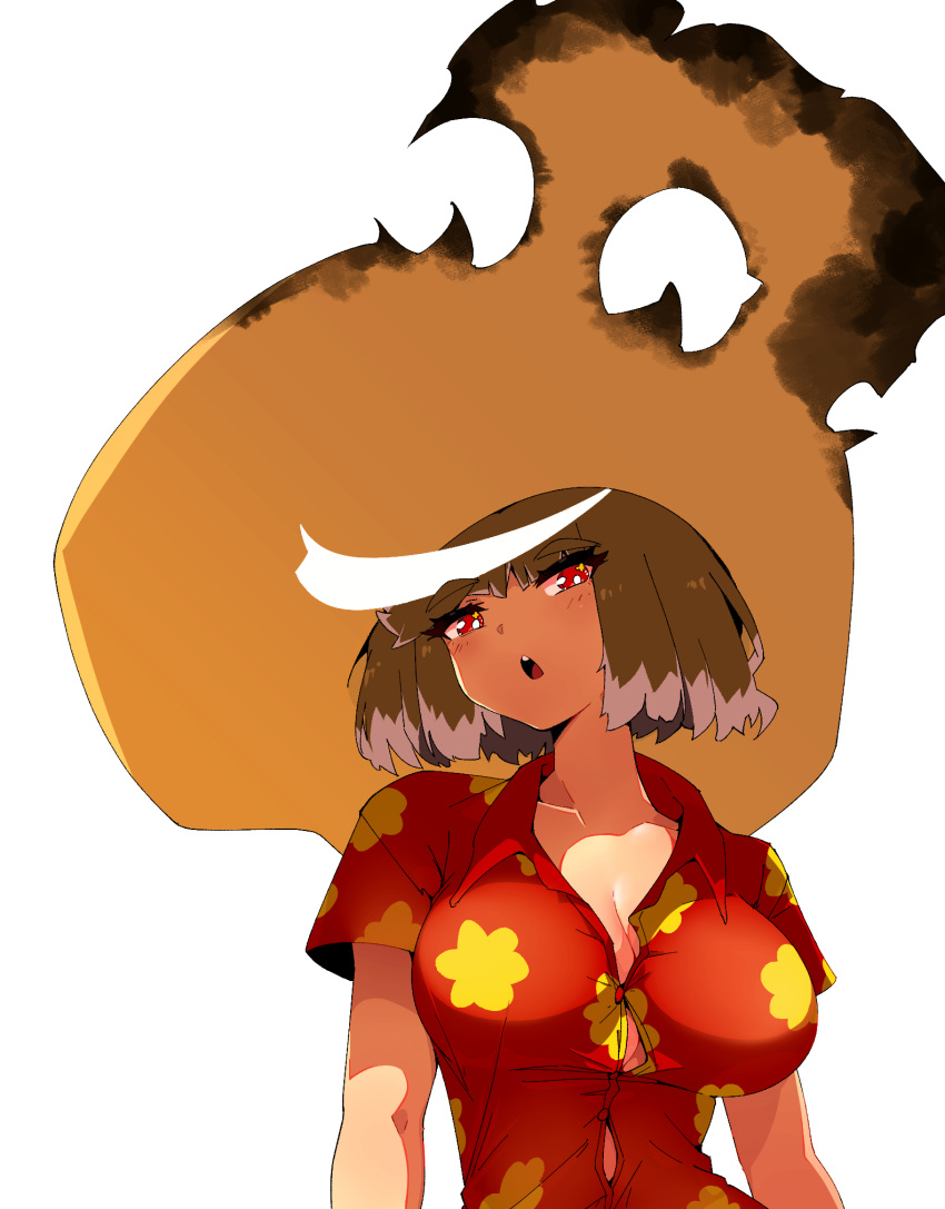 ai-generated_art_(topic) archives.gokulism breasts brown_hair cleavage cosplay family_guy female floral_print glenn_quagmire glenn_quagmire_(cosplay) hat highres large_breasts large_hat multicolored_hair open_mouth orange_hat original red_eyes red_shirt shirt simple_background solo streaked_hair white_background white_hair