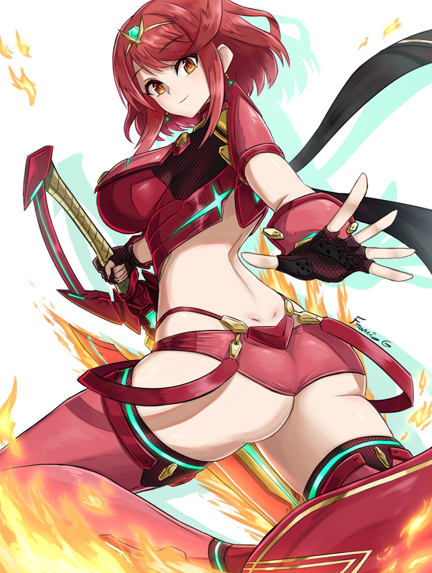 ass black_gloves breasts cowboy_shot earrings female fgsketch fingerless_gloves flaming_sword flaming_weapon gloves highres holding holding_sword holding_weapon jewelry large_breasts pyra_(xenoblade) red_eyes red_hair red_shorts short_hair short_shorts shorts simple_background solo sword weapon white_background xenoblade_chronicles_(series) xenoblade_chronicles_2