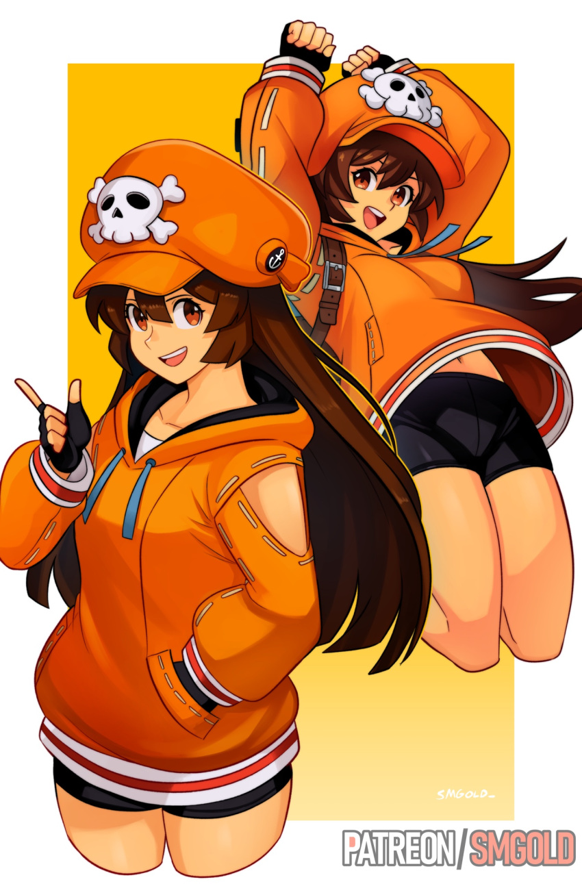 :d anchor_symbol arm_up artist_name bike_shorts black_gloves black_shorts brown_eyes brown_hair cabbie_hat collarbone female fingerless_gloves gloves guilty_gear guilty_gear_strive hat highres hood hoodie long_hair looking_at_viewer may_(guilty_gear) multiple_views navel open_mouth orange_hat orange_hoodie patreon_username shorts skull_and_crossbones smgold smile teeth upper_teeth_only