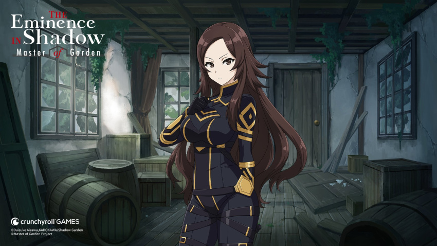 artist_request barrel black_bodysuit black_gloves bodysuit breasts broken_glass brown_eyes brown_hair closed_mouth copyright_notice crate crunchyroll door female glass gloves highres kage_no_jitsuryokusha_ni_naritakute! kage_no_jitsuryokusha_ni_naritakute!_master_of_garden logo long_hair nu_(kage_no_jitsuryokusha_ni_naritakute!) official_art plank solo window