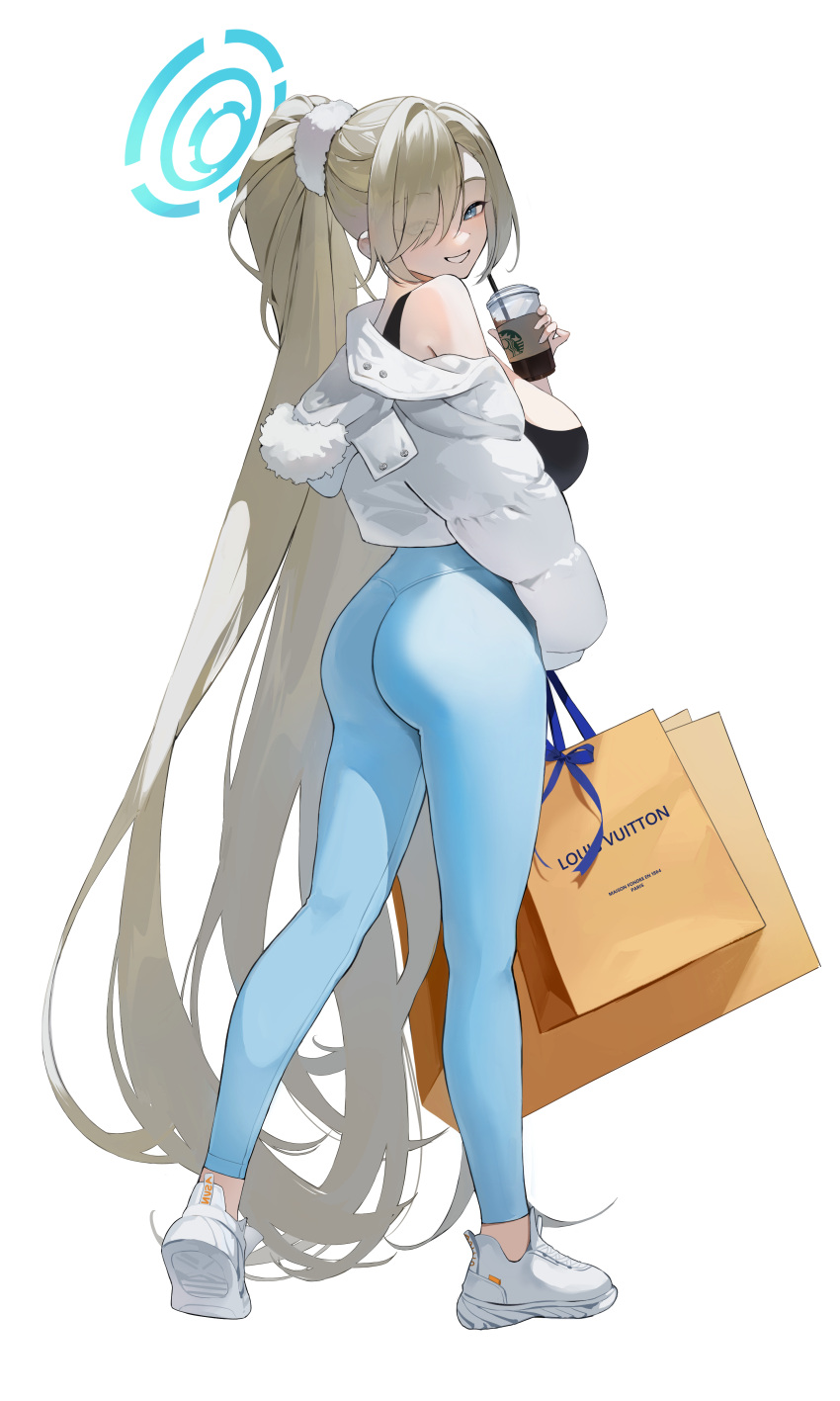 absurdly_long_hair absurdres alternate_costume ass asuna_(blue_archive) bag bare_shoulders blue_archive blue_eyes blue_halo blue_pants breasts brown_hair cup disposable_cup eyes_visible_through_hair female from_behind full_body grin hair_over_one_eye halo high_ponytail highres holding holding_bag holding_cup jacket large_breasts long_hair long_sleeves looking_at_viewer looking_back louis_vuitton_(brand) nadesiko97 open_clothes open_jacket pants paper_bag shoes simple_background single_off_shoulder smile solo teeth very_long_hair white_background white_footwear white_jacket