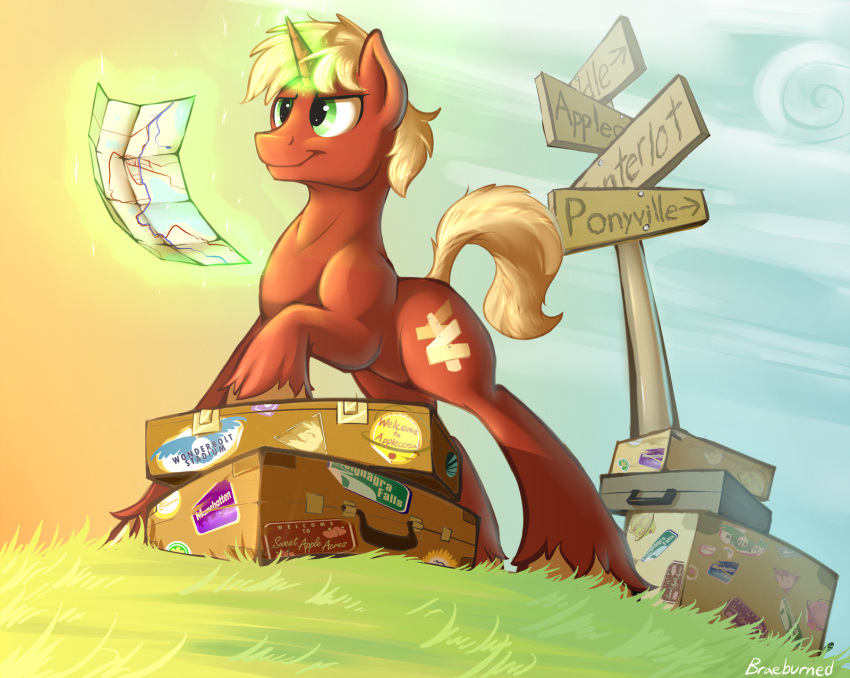 2013 ambiguous_gender blonde_mane braeburned cutie_mark digital_drawing_(artwork) digital_media_(artwork) english_text equid equine fan_character feral full-length_portrait fur grass green_eyes hasbro hi_res hooves horn low-angle_view luggage magic_user mammal mane map my_little_pony mythological_creature mythological_equine mythology narrowed_eyes plant portrait red_body red_fur red_horn shaded sign signpost smile snout soft_shading solo sparkles standing stickers_on_object suitcase tail tan_hooves telekinesis text unguligrade unicorn yellow_tail