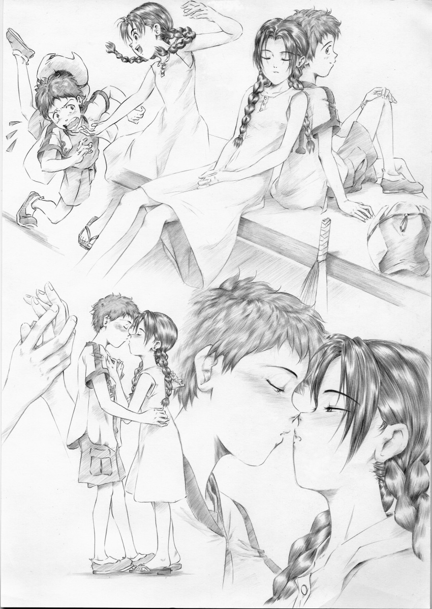 1boy abenobashi_mahou_shoutengai asahina_arumi couple dress female graphite_(medium) greyscale hand_fan harisen highres imamiya_satoshi imminent_kiss kissing krutta_fan monochrome photoshop_(medium) sketch sleepy straight traditional_media