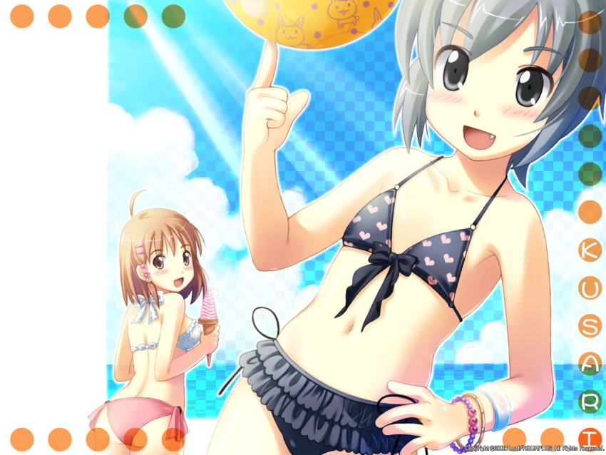 2girls ahoge artist_request ass ayanobe_tamami bikini blush bracelet brown_eyes brown_hair flat_chest food frilled_bikini frills from_behind grey_eyes grey_hair hair_ornament hairclip hand_on_own_hip heart heart_print ice_cream jewelry kusari looking_back multiple_girls oerba_yun_fang official_art official_wallpaper orihara_akeno short_hair swimsuit