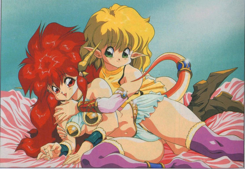 1990s_(style) 2girls artist_request bed blonde_hair breasts cuffs dragon_girl dragon_half dragon_horns dragon_tail elf green_eyes horns hug hug_from_behind long_hair lufa_(dragon_half) medium_breasts mink_(dragon_half) multiple_girls official_art on_bed pointy_ears red_eyes red_hair retro_artstyle scan skirt smile source_request tail thighhighs underboob yuri