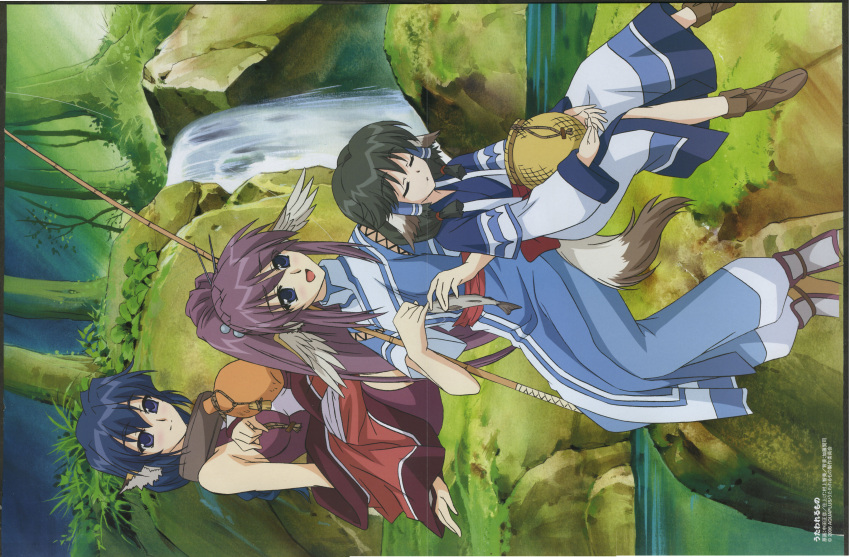 3girls absurdres animal_ears aruruu comp_h's dog_ears highres japanese_clothes karulau long_sleeves multiple_girls nakata_masahiko photoshop_(medium) scan touka_(utawarerumono) utawarerumono