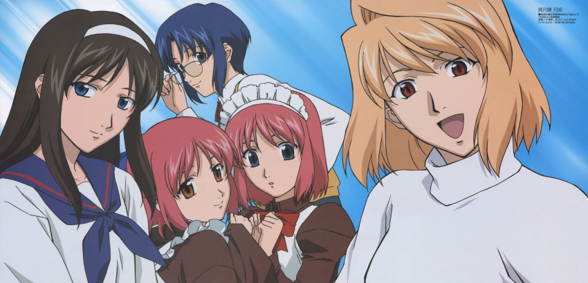 5girls :d arcueid_brunestud blonde_hair blue_hair blue_sky bow bowtie brown_dress brown_eyes brown_hair ciel_(tsukihime) cloud day dress frills hairband head_tilt highres hisui_(tsukihime) kohaku_(tsukihime) long_hair long_sleeves looking_at_viewer maid_headdress multiple_girls non-web_source open_mouth ozawa_iku red_bow red_bowtie red_hair short_hair siblings sky smile sweater tohno_akiha tsukihime turtleneck twins upper_body white_hairband