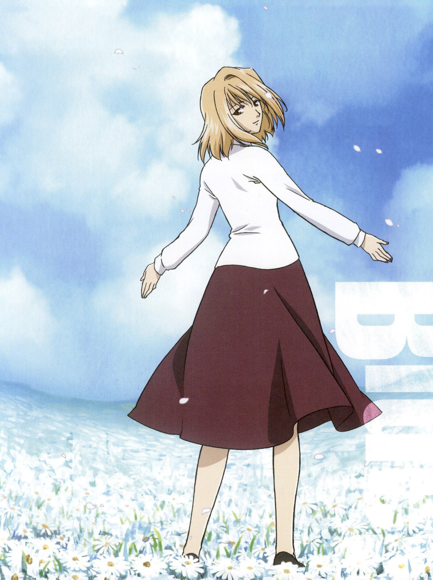 arcueid_brunestud blonde_hair female highres long_skirt long_sleeves no_socks official_art outdoors ozawa_iku photoshop_(medium) purple_skirt red_eyes short_hair skirt solo sweater tsukihime turtleneck