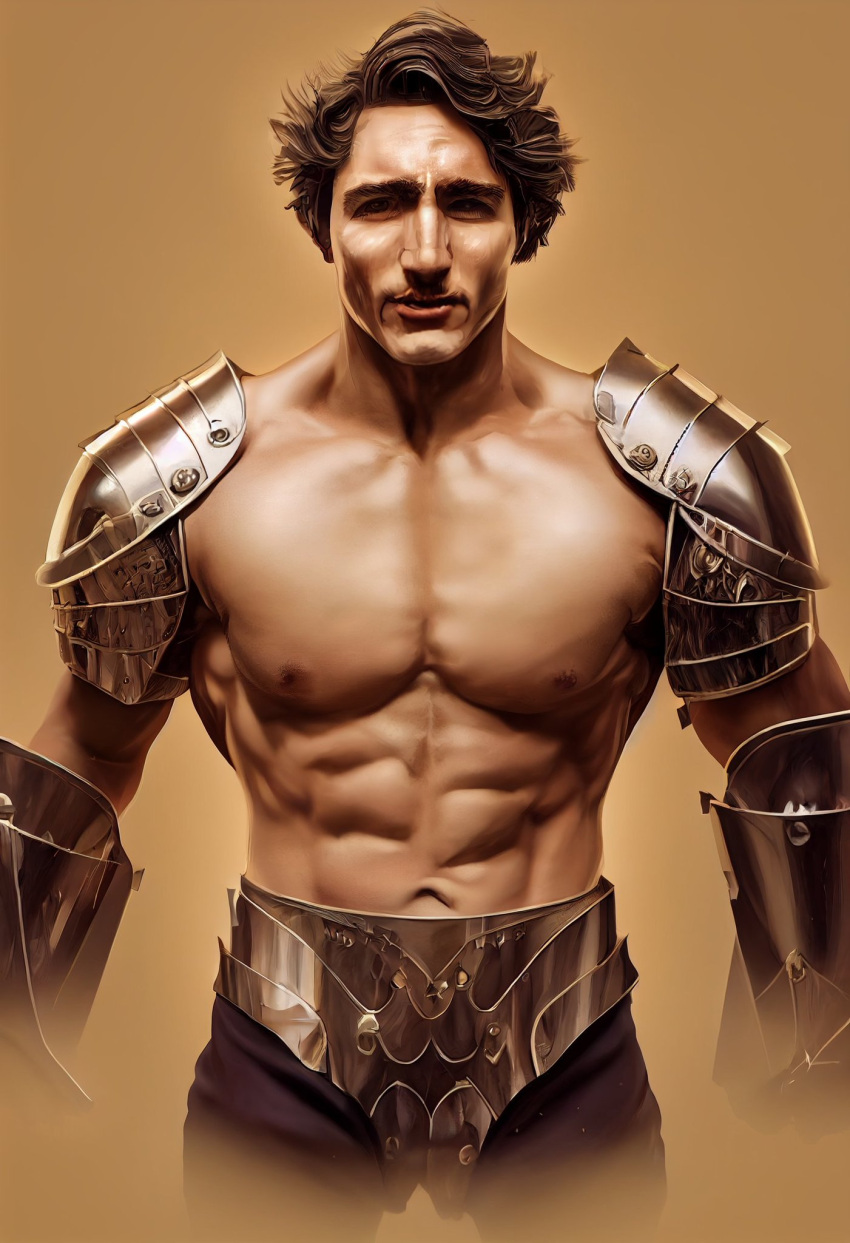 1boy ai_generated gladiator justin_trudeau looking_at_viewer male male_only midjourney muscles muscular muscular_male politician real_person shirtless_male