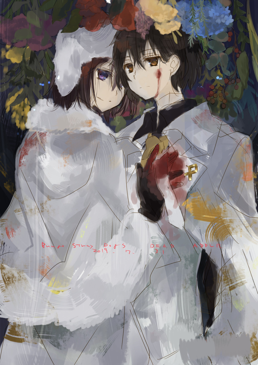 2boys absurdres bandaged_neck bandages black_gloves black_hair black_shirt blood blood_on_clothes blood_on_face brown_eyes brown_hair bungou_stray_dogs closed_mouth coat collared_shirt dated dazai_osamu_(bungou_stray_dogs) flower fur_hat fur_trim fyodor_dostoyevsky_(bungou_stray_dogs) gloves hair_between_eyes hat highres kankitsurui_ume long_sleeves looking_at_viewer male_focus multiple_boys necktie purple_eyes shirt short_hair smile ushanka white_coat white_hat