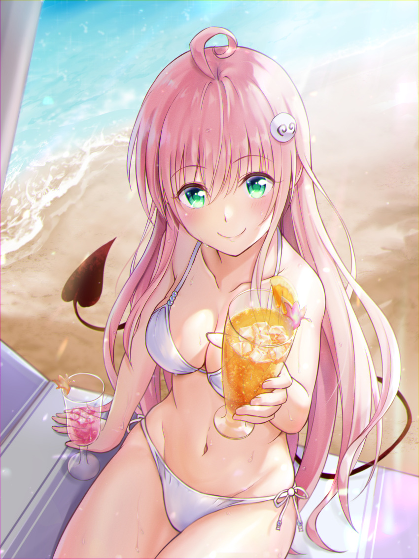 absurdres ahoge beach bikini breasts cleavage demon_tail drink female green_eyes halterneck highres lala_satalin_deviluke large_breasts lita_illust long_hair looking_at_viewer navel ocean pink_hair side-tie_bikini_bottom smile solo stomach string_bikini swimsuit tail to_love-ru to_love-ru_darkness white_bikini