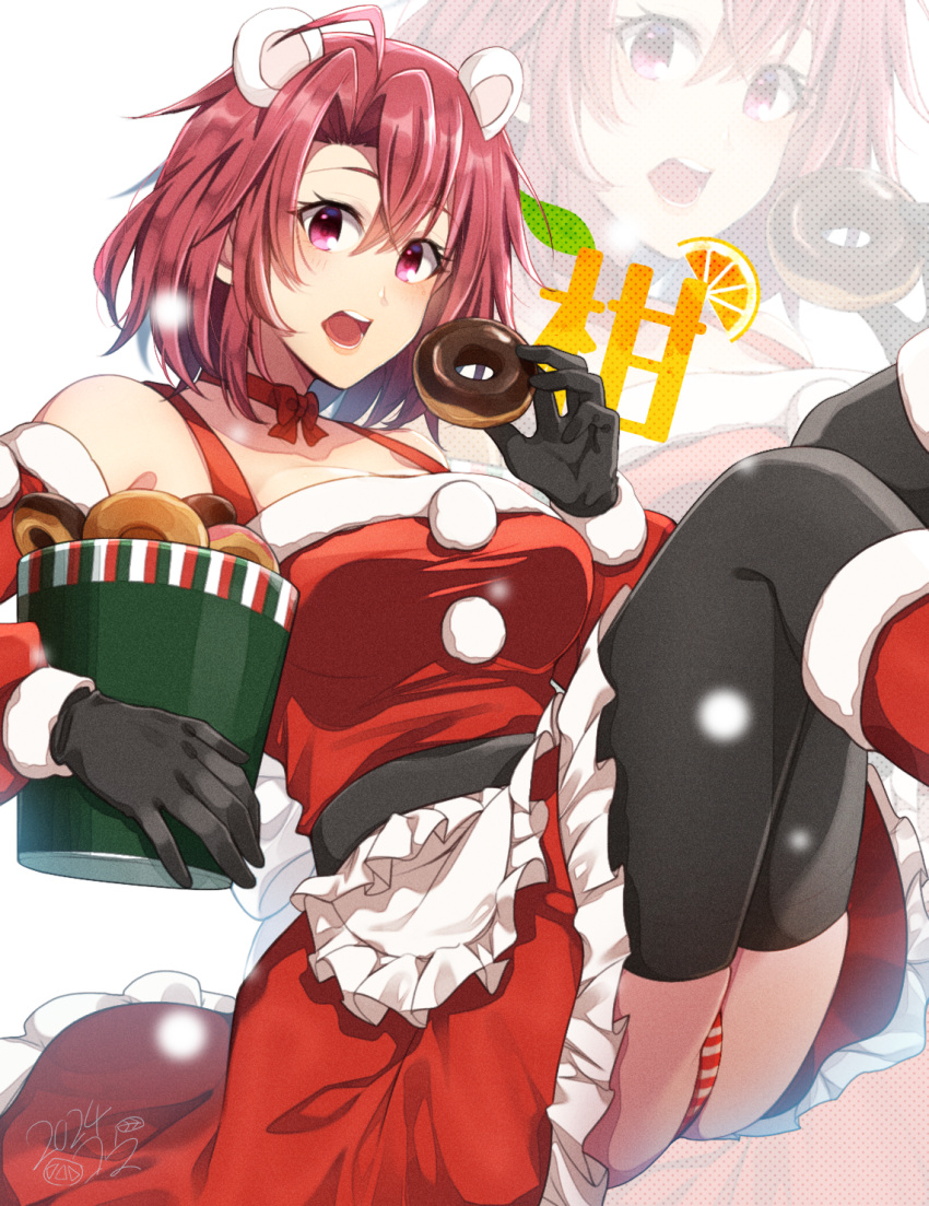 ahoge alternate_costume animal_ears bear_ears black_gloves black_thighhighs boots breasts bucket christmas cow_girl_(goblin_slayer!) doughnut dress fake_animal_ears female food gloves goblin_slayer! highres kankitukou large_breasts panties red_dress red_eyes red_footwear red_hair santa_dress short_hair simple_background solo striped_clothes striped_panties thighhighs underwear white_background zoom_layer