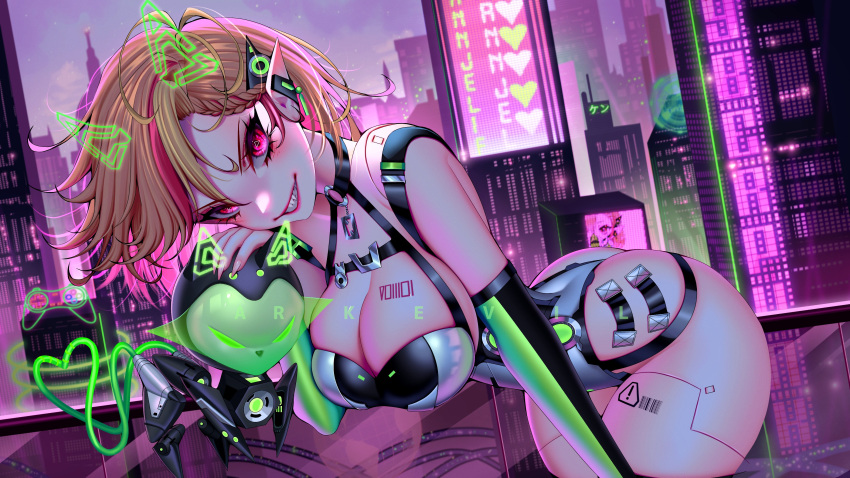 a.n.n.j._(annjelife) absurdres ark_evil02 artist_name ass bent_over blonde_hair braid breasts building cityscape cleavage detached_sleeves eyelashes female fingernails grey_leotard grin hair_ornament hand_on_another's_head heart highres holographic_horns indie_virtual_youtuber joints large_breasts leotard multicolored_hair multicolored_leotard neon_lights o-ring pink_eyes pink_hair pointy_ears robot_joints second-party_source sharp_fingernails sharp_teeth skyscraper smile streaked_hair symbol-shaped_pupils teeth triangle-shaped_pupils virtual_youtuber