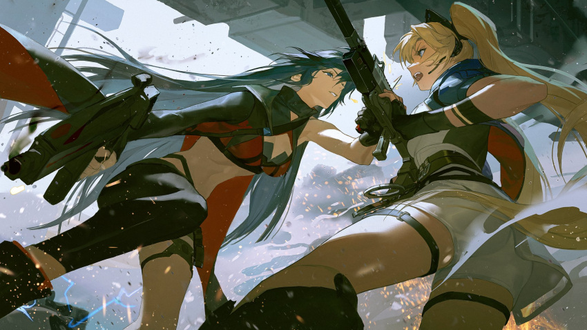 2girls assault_rifle asymmetrical_legwear belt black_gloves blonde_hair blue_eyes blue_hair cape cuffs earpiece electricity fighting finger_on_trigger fingerless_gloves from_below gloves gun handcuffs highres holding holding_gun holding_weapon long_hair multicolored_shirt multiple_girls open_mouth original outdoors parted_lips red_sports_bra rifle shorts single_bare_shoulder sports_bra stomach submachine_gun tattaco thigh_strap twintails very_long_hair weapon white_shorts