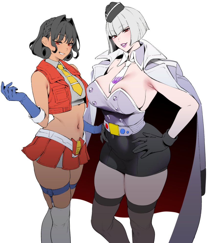 2girls black_gloves black_hair black_thighhighs blue_gloves breasts coat covered_navel curly_hair genderswap_(mtf) gloves grey_coat grey_thighhighs hand_on_own_hip highres hizuki_akira large_breasts legwear_garter looking_at_viewer medium_breasts megatron megatron_(kotobukiya_bishoujo) microskirt multiple_girls navel necktie red_eyes red_vest rule_63 short_hair simple_background skirt smile starscream starscream_(kotobukiya_bishoujo) tan thick_thighs thighhighs thighs transformers transformers:_generation_1 vest white_background white_hair white_necktie yellow_necktie