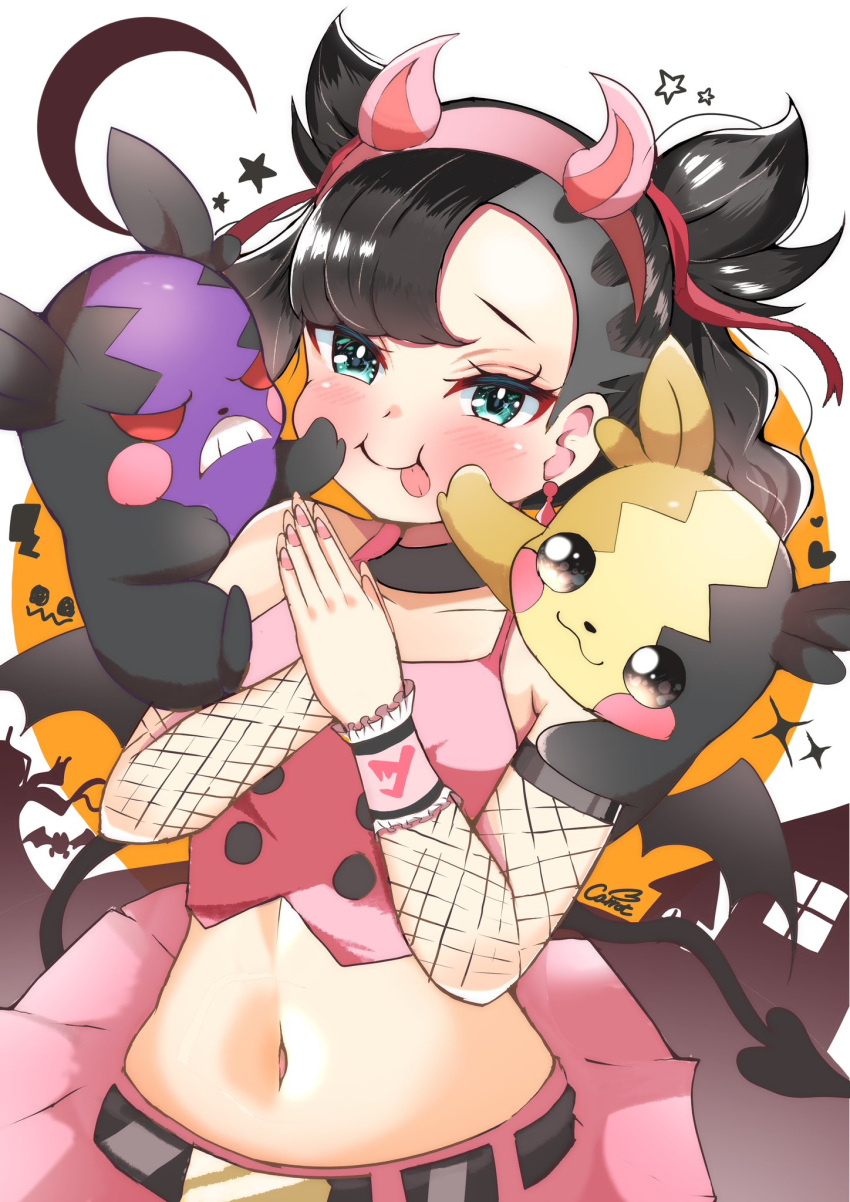 artist_name asymmetrical_bangs bare_shoulders bat_wings belt black_belt black_hair black_tail black_wings blue_eyes blush camisole carrot_summer closed_mouth collarbone commentary demon_tail earrings eyelashes fake_horns female fingernails fishnets frilled_wristband furrowed_brow golbat hair_ribbon hairband hands_up highres horns jewelry marnie_(pokemon) mimikyu miniskirt morpeko morpeko_(full) morpeko_(hangry) nail_polish navel own_hands_together pink_camisole pink_hairband pink_horns pink_nails pink_skirt pink_wristband pokemon pokemon_(creature) pokemon_swsh red_ribbon ribbon short_hair skirt smile star_(symbol) tail tongue tongue_out twintails wings