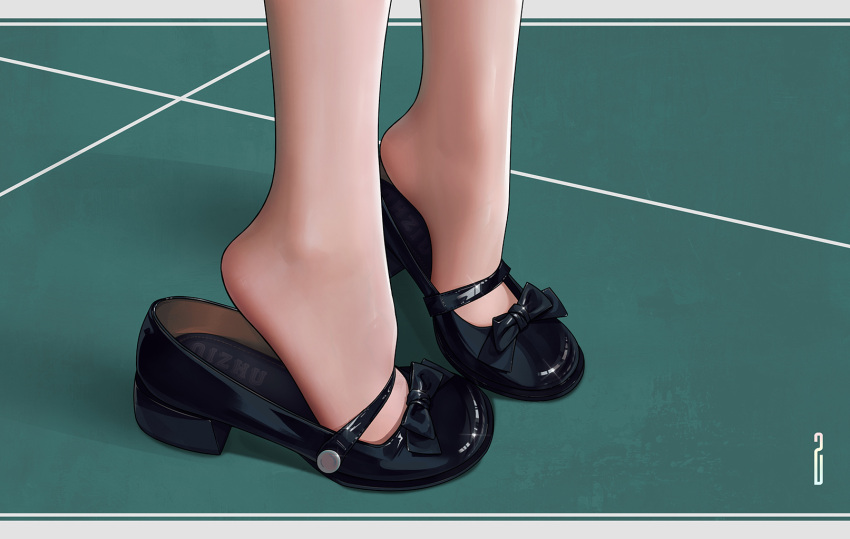 artist_name black_bow black_footwear bow chinese_commentary commentary_request feet feet_only female foot_focus footwear_focus green_background heel_pop high_heels highres no_socks original paid_reward_available qizhu solo tiptoes