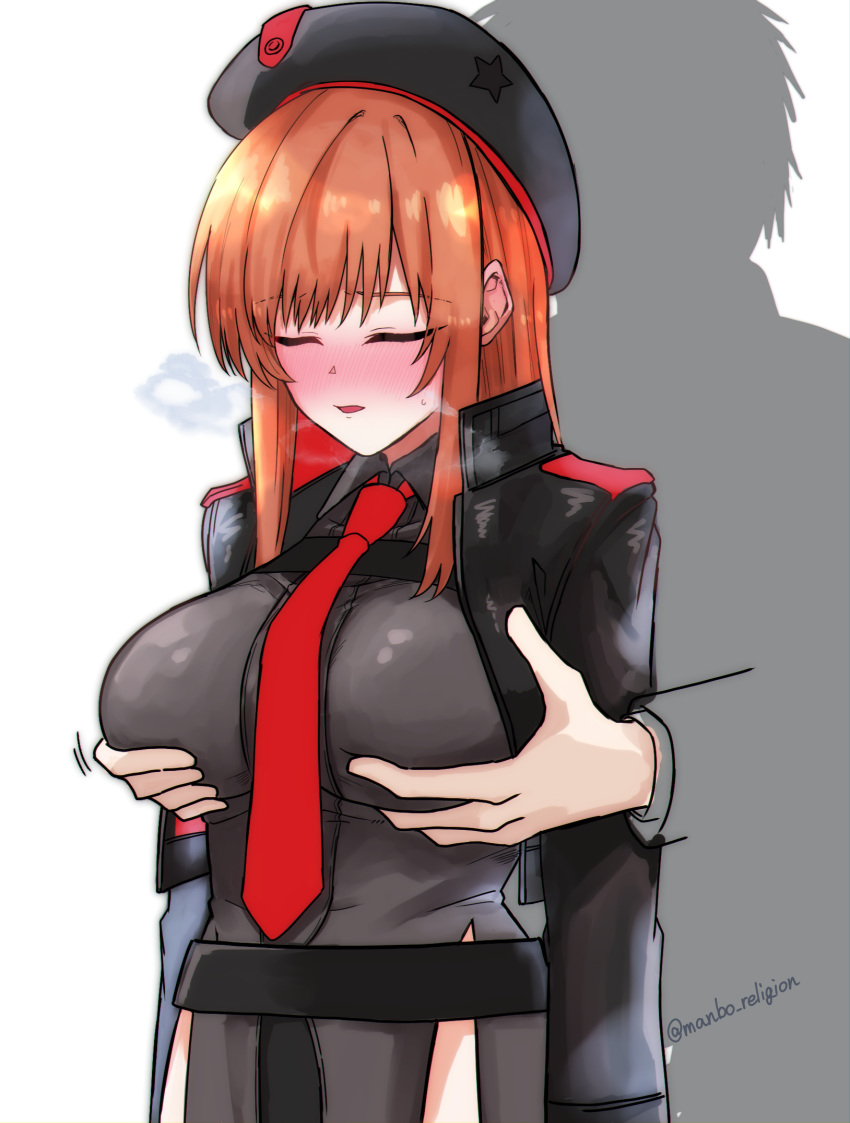 1boy beret black_jacket blush breasts breath brown_hair closed_eyes commander_(nikke) erutosu female goddess_of_victory:_nikke grabbing_another's_breast grabbing_from_behind groping hat heavy_breathing highres jacket large_breasts long_hair long_sleeves looking_at_viewer military_uniform necktie open_mouth rapi_(nikke) red_necktie solo solo_focus straight