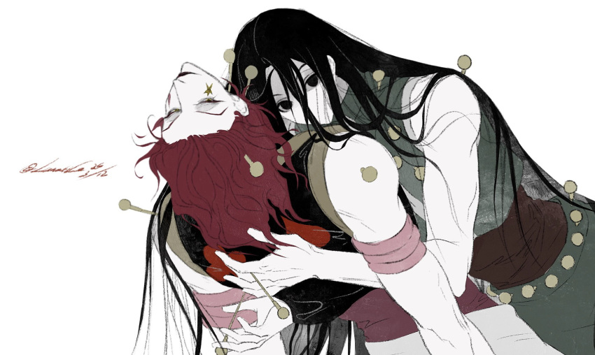 2boys black_eyes black_hair colored_skin cooolunati0904 hair_over_face highres hisoka_morow hug hunter_x_hunter illumi_zoldyck long_hair looking_at_viewer male_focus multiple_boys needle red_hair short_hair simple_background sleeveless white_background white_skin