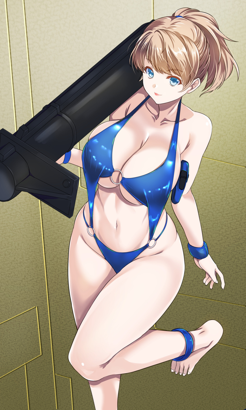 absurdres bad_feet barefoot bikini blue_bikini blue_eyes breasts brown_hair commission cosplay female gundam hakkai highres intrepid_(kancolle) kantai_collection large_breasts linked_bikini m1_bazooka navel neneka_nibrou neneka_nibrou_(cosplay) o-ring o-ring_swimsuit pixiv_commission ponytail rocket_launcher short_hair smile solo swimsuit victory_gundam weapon