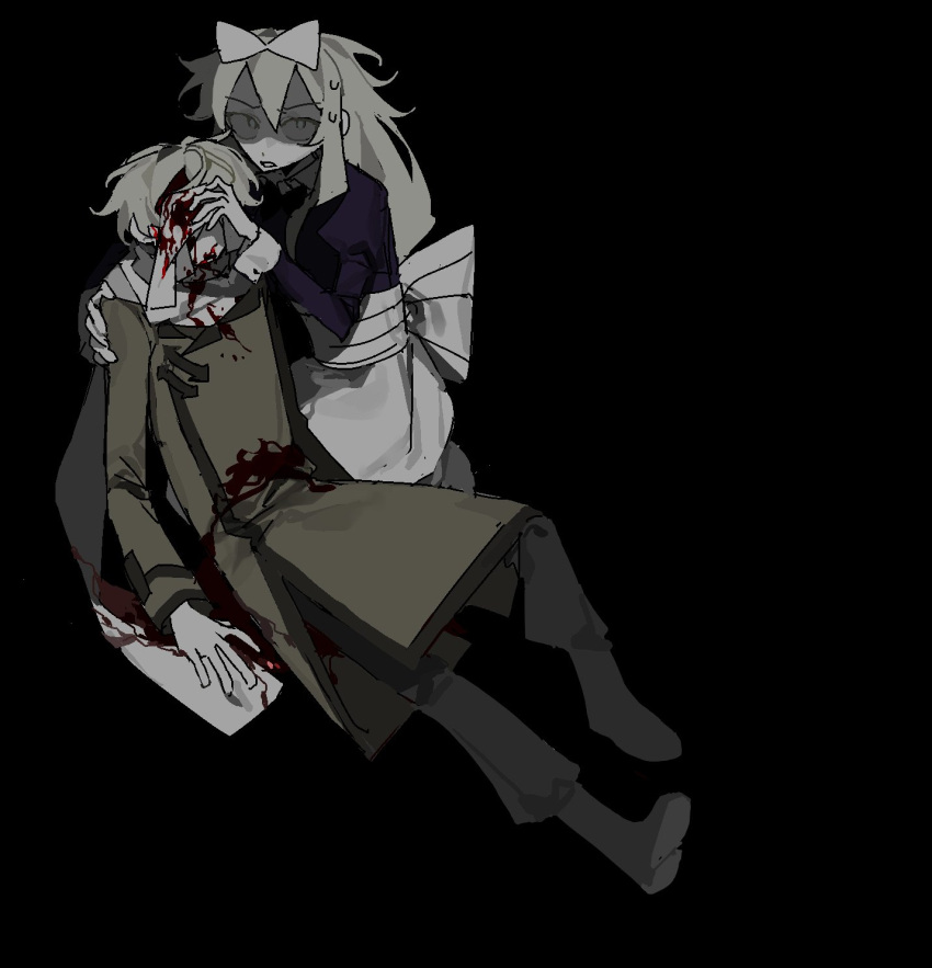 1boy angry apron axis_powers_hetalia back_bow bad_id bad_twitter_id belarus_(hetalia) black_background black_footwear black_pants blood blood_on_clothes blood_on_face boots bow clenched_teeth coat dot_nose female flon_7 full_body green_coat grey_hair grey_skirt hairbow hand_on_another's_shoulder handkerchief highres holding holding_handkerchief injury juliet_sleeves kneehighs long_hair long_sleeves open_mouth pants puffy_sleeves purple_shirt russia_(hetalia) scarf shaded_face shirt short_hair simple_background skirt socks striped_bow sweat teeth waist_apron white_apron white_bow white_eyes white_scarf white_sleeve_cuffs