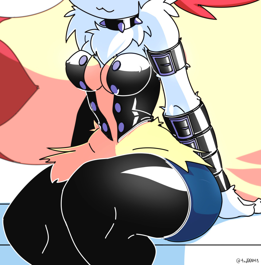 absurd_res ando anthro braixen canid canine clothing female fur generation_6_pokemon hi_res humanoid leather legwear mammal nintendo pokemon pokemon_(species) red_body red_fur solo solo_focus thigh_highs white_body white_fur yellow_body yellow_fur