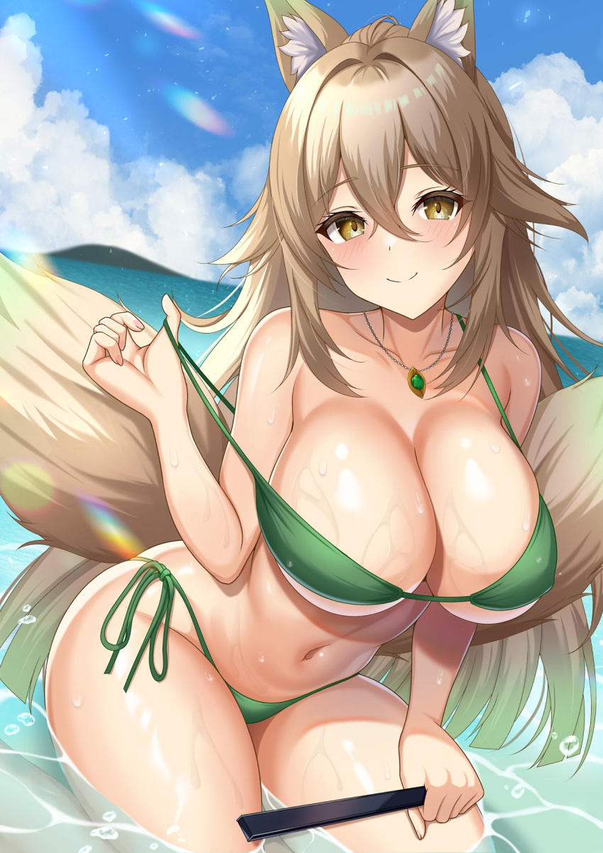 animal_ear_fluff animal_ears bikini bikini_pull blonde_hair blue_sky blush breasts cleavage closed_mouth clothes_pull cloud collarbone commission female folded_fan folding_fan fox_ears fox_girl fox_tail green_bikini hair_between_eyes hand_fan highres holding holding_fan horizon jewelry large_breasts long_hair looking_at_viewer multiple_tails navel necklace ocean original outdoors pinesphere pulling_own_clothes side-tie_bikini_bottom skeb_commission sky solo suirin_(tukikagerou) swimsuit tail thighs wet yellow_eyes