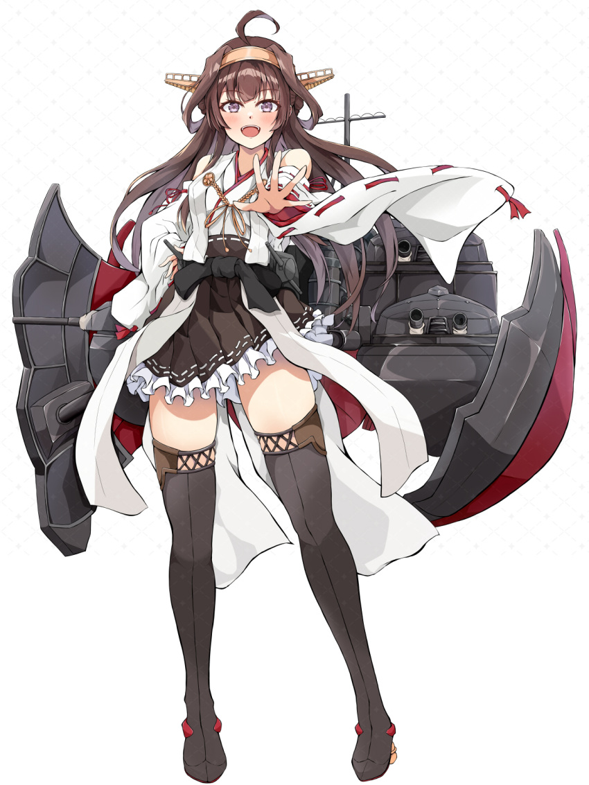 adapted_turret ahoge artillery blush boots breasts brown_hair cannon dairyo3 detached_sleeves double_bun female full_body hair_bun hairband headgear highres japanese_clothes kantai_collection kongou_(kancolle) kongou_kai_ni_(kancolle) large_breasts long_hair looking_at_viewer machinery nontraditional_miko open_mouth purple_eyes ribbon-trimmed_sleeves ribbon_trim rigging solo thigh_boots turret wide_sleeves