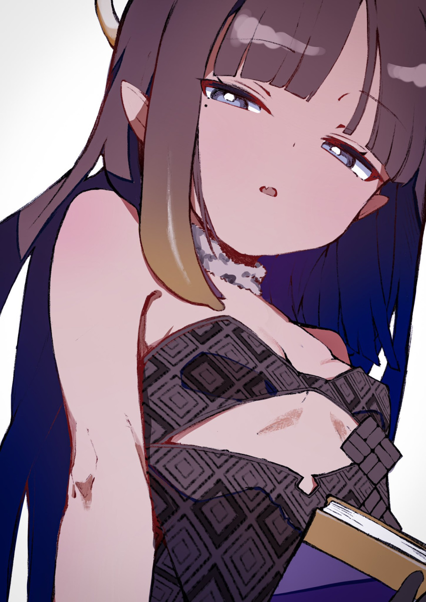 ao-chan_(ninomae_ina'nis) bare_arms bare_shoulders black_collar black_dress black_gloves black_hair blue_eyes blunt_bangs book breasts close-up collar cutout_above_navel dress fur-trimmed_collar fur_trim gloves gradient_hair halo highres hololive hololive_english long_hair lumina_(1umin4) mole mole_under_eye multicolored_hair ninomae_ina'nis ninomae_ina'nis_(1st_costume) open_mouth orange_hair pointy_ears sidelocks simple_background small_breasts strapless strapless_dress tentacle_hair virtual_youtuber white_background