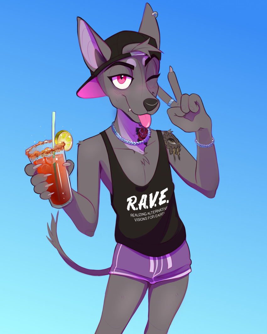 alcohol anthro arm_tattoo athletic_wear backwards_hat beverage blep bottomwear canid canine canis clothing cocktail domestic_dog ear_piercing ear_ring english_text fangs fur gesture grey_body grey_fur gym_bottomwear gym_shorts hand_gesture hat headgear headwear heresvix hi_res jewelry male mammal narrowed_eyes neck_tattoo necklace nude one_eye_closed piercing ring_piercing shirt shorts shoulder_tattoo solo tank_top tattoo teeth text tongue tongue_out topwear v_sign