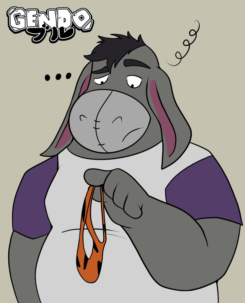 animate_inanimate anthro asinus clothed clothing digital_media_(artwork) disney donkey eeyore equid equine gendomx hair hi_res holding_clothing holding_object holding_underwear male mammal overweight overweight_anthro overweight_male plushie shirt simple_background solo standing topwear underwear winnie_the_pooh_(franchise)