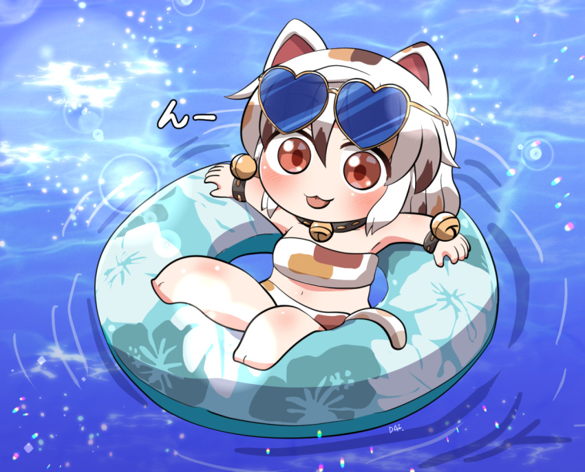 :3 animal_ears barefoot bell blush calico cat_ears cat_girl cat_tail commentary_request eyewear_on_head female full_body goutokuji_mike hair_between_eyes heart heart-shaped_eyewear jingle_bell looking_at_viewer multicolored_hair navel red_eyes rokugou_daisuke short_hair signature solo streaked_hair swim_ring swimsuit tail tongue tongue_out touhou water white_hair