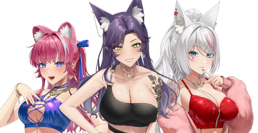 3girls animal_ears bare_arms bare_shoulders bikini black_shirt blue_choker blue_eyes bracelet breasts choker cleavage cleavage_cutout closed_mouth clothing_cutout collarbone extra_ears facial_mark fox_ears fur_jacket green_eyes grin hair_ornament hairclip hand_up highres illian-san jacket jewelry kirali_(meridian_project) large_breasts long_sleeves meridian_project mizuki_(vtuber) mole mole_on_breast mole_under_eye multicolored_hair multiple_girls nail_polish necklace off_shoulder open_clothes open_jacket parted_bangs pink_jacket ponytail purple_bikini purple_hair red_hair red_shirt seki_(vtuber) shirt shoulder_tattoo simple_background single_strap sleeveless sleeveless_shirt smile spaghetti_strap streaked_hair string_bikini swimsuit tattoo upper_body v virtual_youtuber white_background white_hair zipper