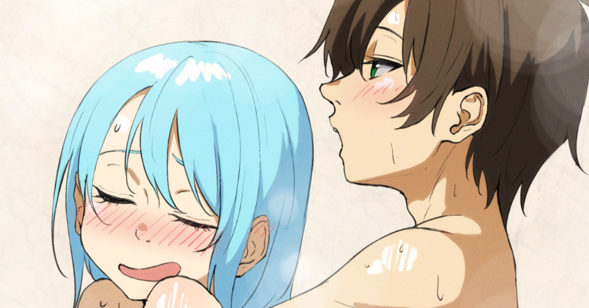 1boy :d aqua_(konosuba) blue_hair blush brown_hair female from_side green_eyes izawa_(bhive003) kono_subarashii_sekai_ni_shukufuku_wo! long_hair nude portrait profile satou_kazuma short_hair simple_background smile wet white_background