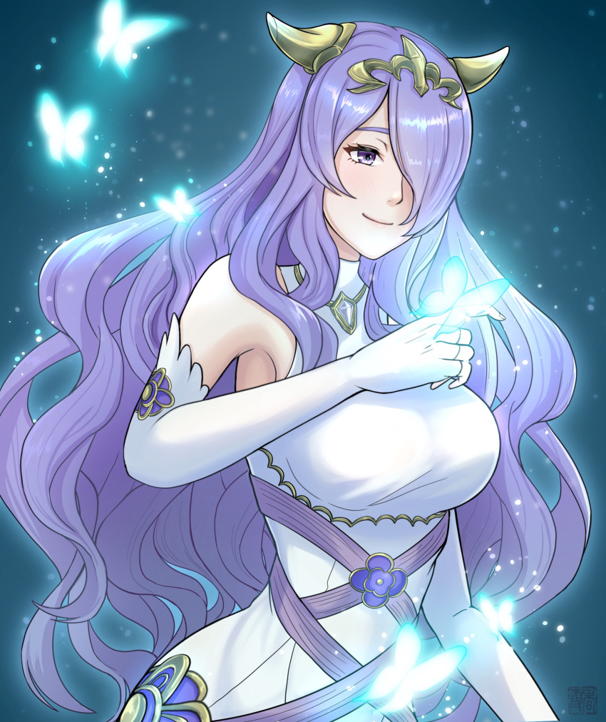 absurdres bare_shoulders blue_background blue_butterfly breasts bug butterfly camilla_(adrift)_(fire_emblem) camilla_(fire_emblem) closed_mouth commentary_request detached_sleeves dress elbow_gloves fake_horns female fire_emblem fire_emblem_fates fire_emblem_heroes gloves gold_horns hair_over_one_eye highres horns kousetu0506 large_breasts official_alternate_costume one_eye_covered purple_eyes purple_hair sleeveless sleeveless_dress smile solo wavy_hair white_dress white_gloves