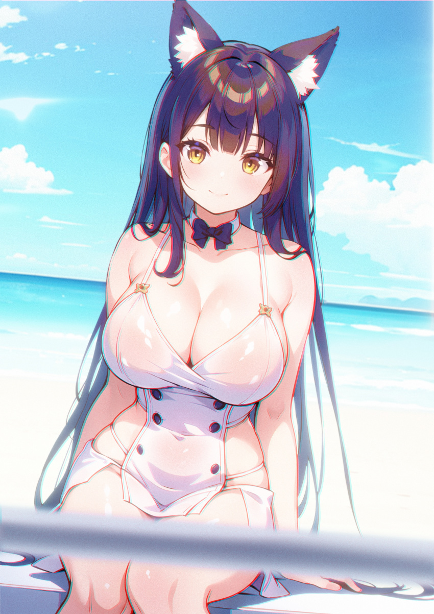 absurdres animal_ears bare_shoulders beach bikini black_hair blush breasts buttons cleavage commentary_request day double-breasted dress female fox_ears fox_girl hair_between_eyes highres hip_focus large_breasts legs_together looking_at_viewer midriff ocean original outdoors phoenix_(lanzilong646) sideless_dress sitting skin_tight smile solo swimsuit thighs white_bikini white_dress yellow_eyes