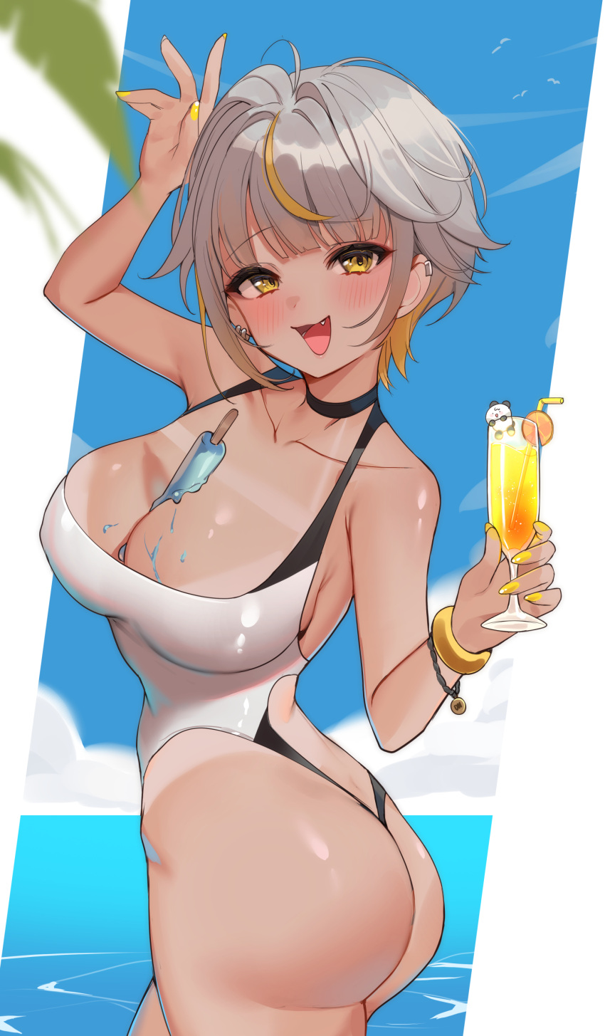 absurdres ass back_cutout between_breasts black_one-piece_swimsuit blonde_hair blue_sky breasts clothing_cutout cloud collarbone cup drink earrings female food grey_hair highres holding holding_cup jewelry large_breasts looking_at_viewer luvdia multicolored_hair ocean oerba_yun_fang one-piece_swimsuit open_mouth palm_leaf park_dona popsicle ropu_(ropu_10) short_hair skin_fang sky solo streaked_hair swimsuit tan tanlines two-tone_one-piece_swimsuit virtual_youtuber white_one-piece_swimsuit yellow_eyes yellow_nails