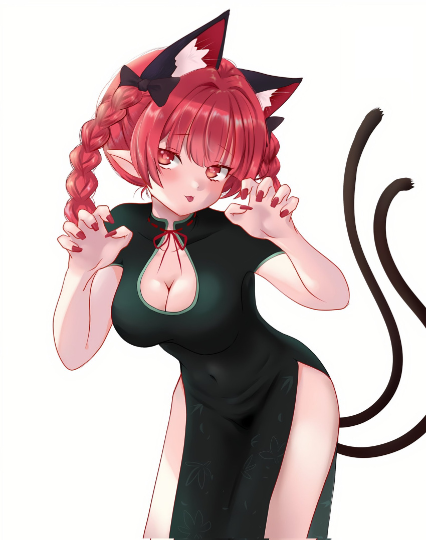 alternate_costume animal_ears braid breasts cat_ears cat_girl cat_tail cleavage extra_ears female hashtag-only_commentary highres kaenbyou_rin large_breasts leaning_forward long_hair multiple_tails nekomata pointy_ears qi_lang3568 red_eyes red_hair red_nails side_braids simple_background solo tail touhou twin_braids two_tails white_background