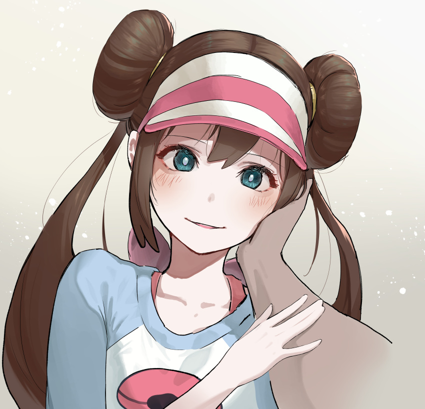 absurdres blush bright_pupils brown_hair collarbone double_bun female gradient_background hair_bun highres laidentt long_hair looking_at_viewer parted_lips pokemon pokemon_bw2 pov pov_hands raglan_sleeves rosa_(pokemon) twintails upper_body visor_cap white_pupils