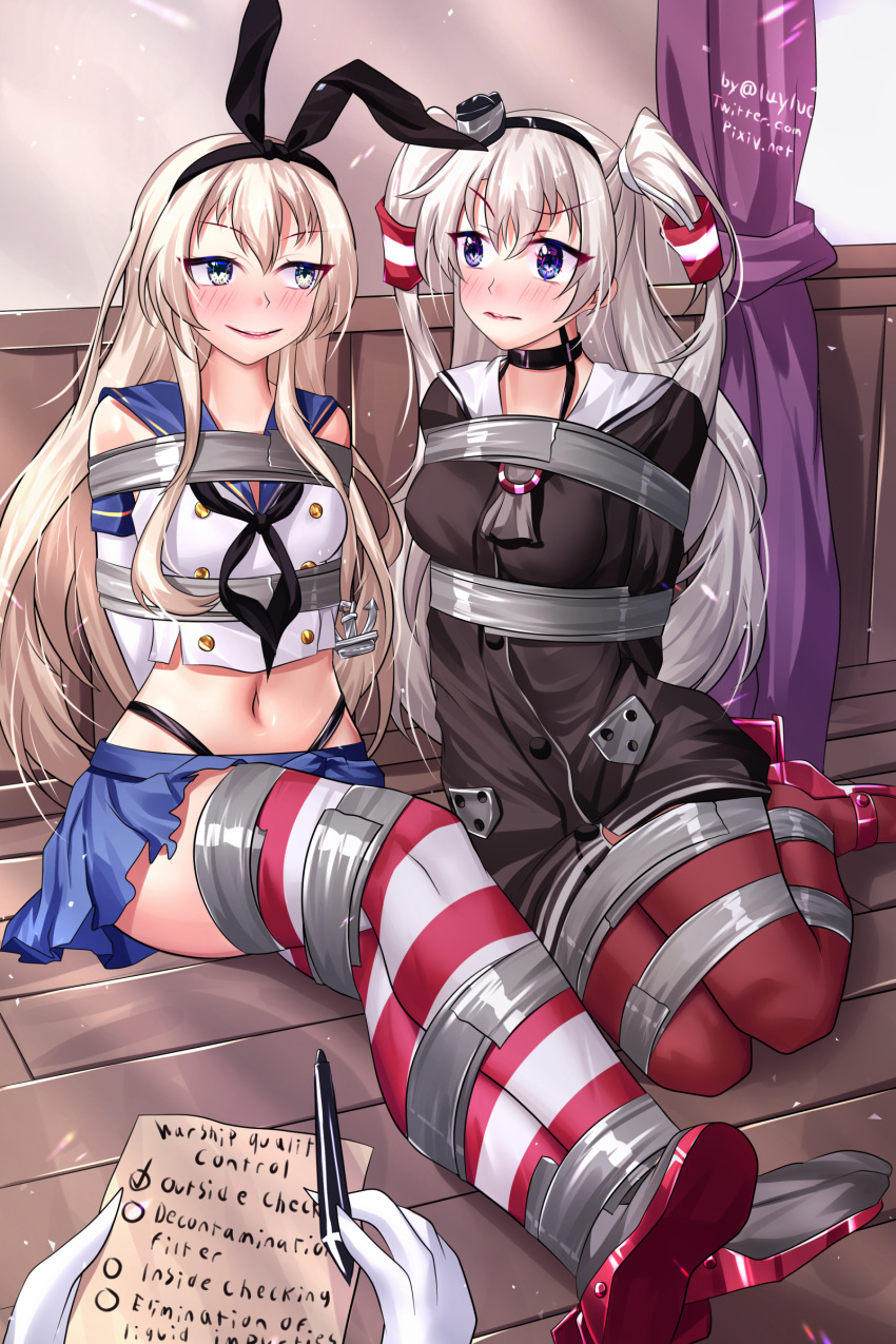 1other 2girls absurdres amatsukaze_(kancolle) anchor_hair_ornament arms_behind_back bare_shoulders black_choker black_hairband black_panties black_ribbon blonde_hair blue_eyes blue_sailor_collar blue_skirt blush bondage bondage bound bound_arms bound_breasts bound_legs breasts brown_dress buttons checklist choker cropped_shirt double-breasted dress elbow_gloves embarrassed english_commentary english_text facing_viewer full_body gloves green_eyes hair_between_eyes hair_ornament hair_ribbon hair_tubes hairband highleg highleg_panties highres indoors kantai_collection long_hair looking_at_another luyluc medium_breasts midriff miniskirt multiple_girls navel nervous panties pleated_skirt ribbon sailor_collar sailor_dress school_uniform serafuku shimakaze_(kancolle) shirt skirt sleeveless sleeveless_shirt small_breasts smug stomach striped_clothes striped_thighhighs thighhighs two_side_up underwear very_long_hair white_gloves white_hair white_serafuku