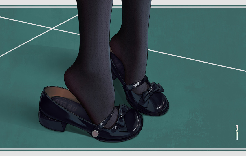 artist_name black_bow black_footwear black_socks bow chinese_commentary commentary_request feet feet_only female foot_focus footwear_focus green_background heel_pop high_heels highres original paid_reward_available qizhu socks solo tiptoes