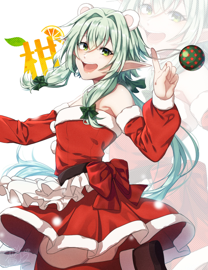 alternate_costume animal_ears bare_shoulders bear_ears brown_footwear christmas dress elf fake_animal_ears female from_side goblin_slayer! green_eyes green_hair high_elf_archer_(goblin_slayer!) highres kankitukou long_hair open_mouth pointy_ears red_dress red_thighhighs santa_dress solo thighhighs thighs zoom_layer