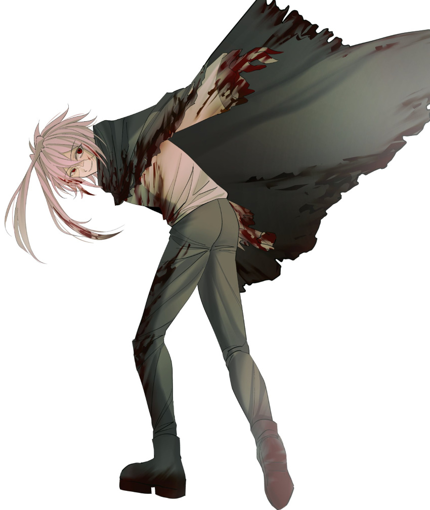 1boy black_cape black_footwear black_pants blood blood_on_face cape chinese_commentary commentary_request full_body gloves grey_gloves grey_shirt grin hair_between_eyes highres leaning_to_the_side long_sleeves male_focus mingbible nijou_ryuu pants pink_hair red_eyes saibou_shinkyoku shirt short_hair_with_long_locks simple_background smile torn_cape torn_clothes white_background