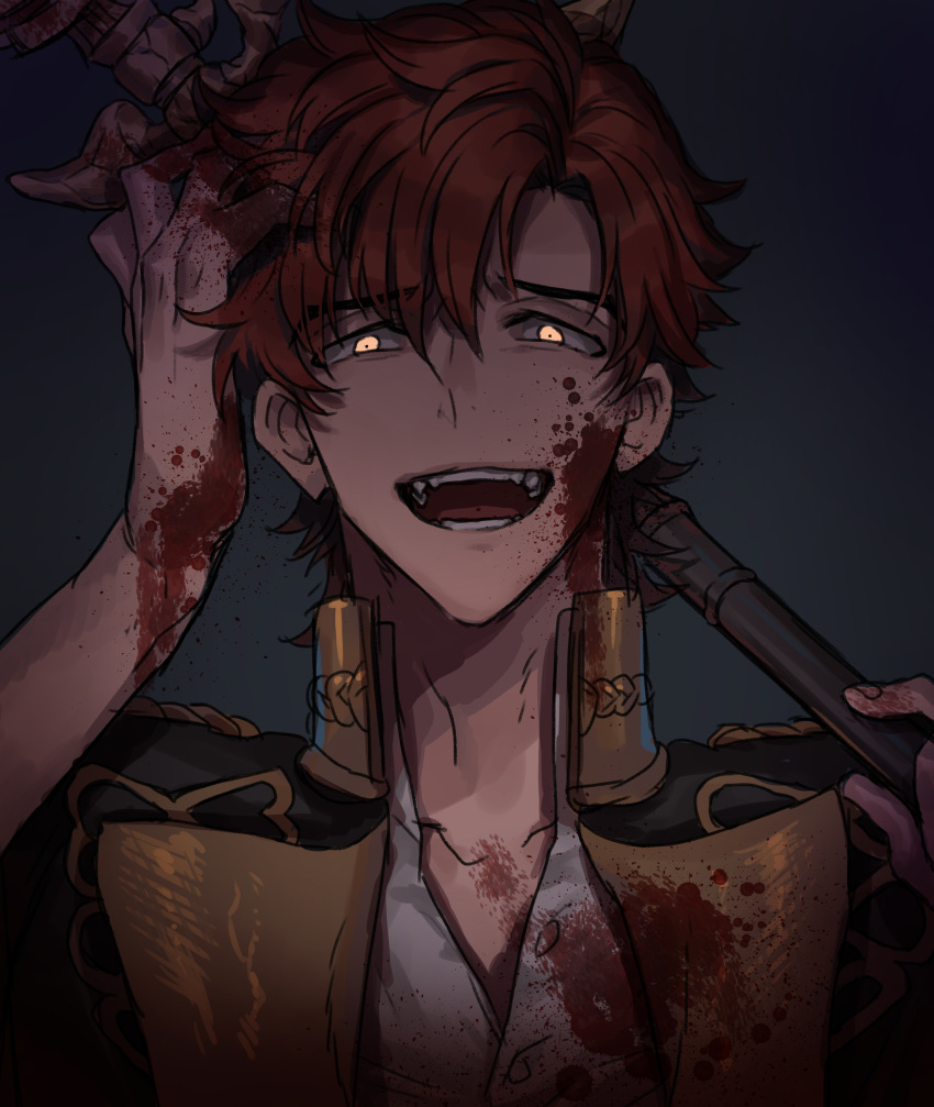 1boy absurdres arm_up black_background blood blood_on_body blood_on_clothes blood_on_face blood_on_hands collared_jacket collared_shirt commentary_request fire_emblem fire_emblem:_three_houses garreg_mach_monastery_uniform hand_in_own_hair highres holding holding_polearm holding_weapon jacket lance_of_ruin lapels looking_at_viewer male_focus none_(kameko227) open_clothes open_jacket open_mouth orange_hair ornate_weapon polearm popped_collar school_uniform shirt side_part solo sylvain_jose_gautier teeth tongue weapon white_shirt yellow_eyes