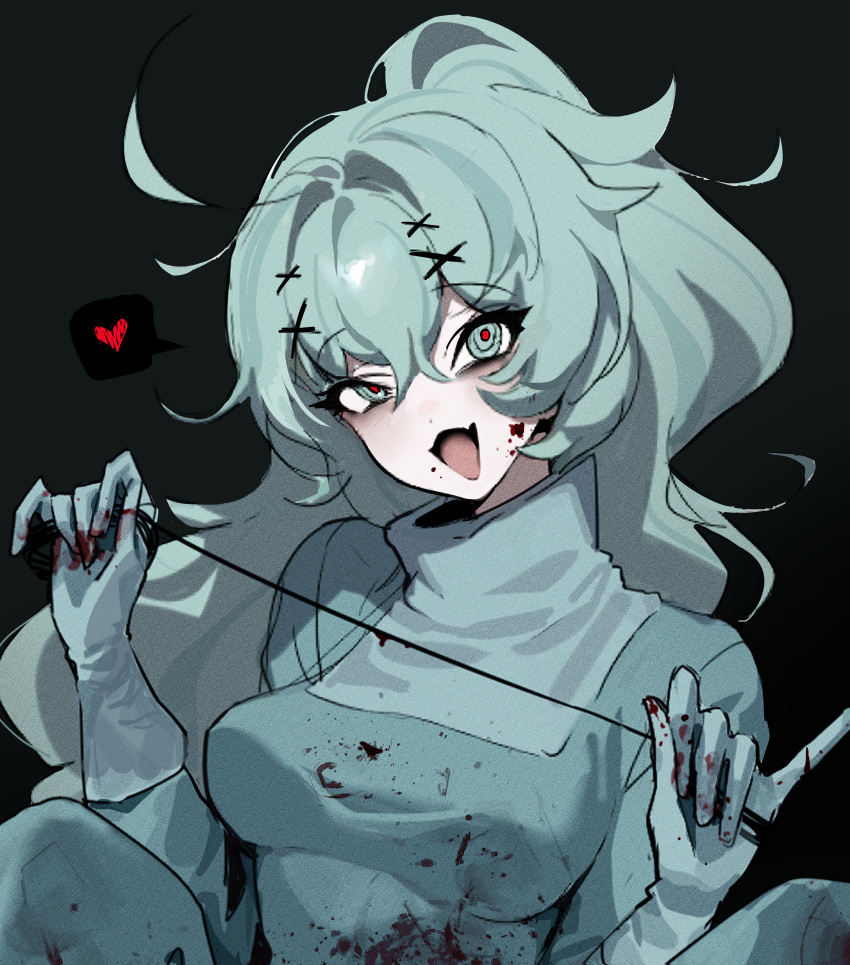 absurdres ahoge black_background blood blood_on_clothes blood_on_face blood_on_hands blue_eyes blue_gloves blue_hair breasts female gloves hair_between_eyes hair_ornament heart highres long_hair looking_at_viewer medium_breasts oh_(aung_ae) open_mouth original pinky_out red_pupils simple_background solo spoken_heart upper_body very_long_hair x_hair_ornament