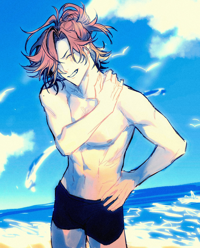 1boy absurdres beach black_male_swimwear blonde_hair blue_sky closed_eyes cloud dated day diabolik_lovers grin hair_over_one_eye hand_on_own_shoulder highres male_focus male_swimwear medium_hair mukami_yuma multicolored_hair nipples ocean outdoors red_hair simple_bird sky smile solo swim_trunks topless_male two-tone_hair variant_set xie_youqing